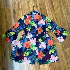 SOFT SURROUNDINGS Sheer Floral Button Up‎ Peplum Kimono Cami Cover-up Top PS